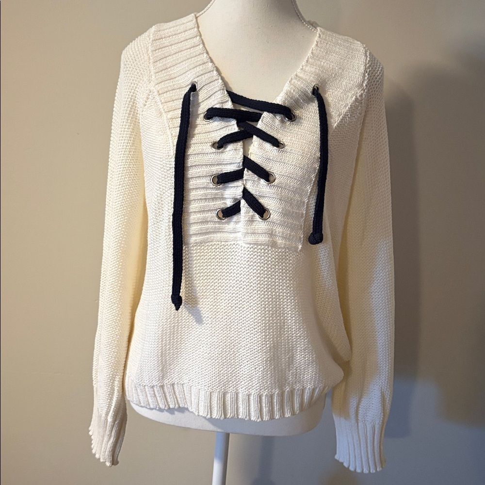 Wooden Ships Cream Knit with Black Lace-Up Palmer Sweater. Size M/L